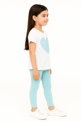 Girls Top Blue Heart White With Lycra Cotton Tights Sky Pair