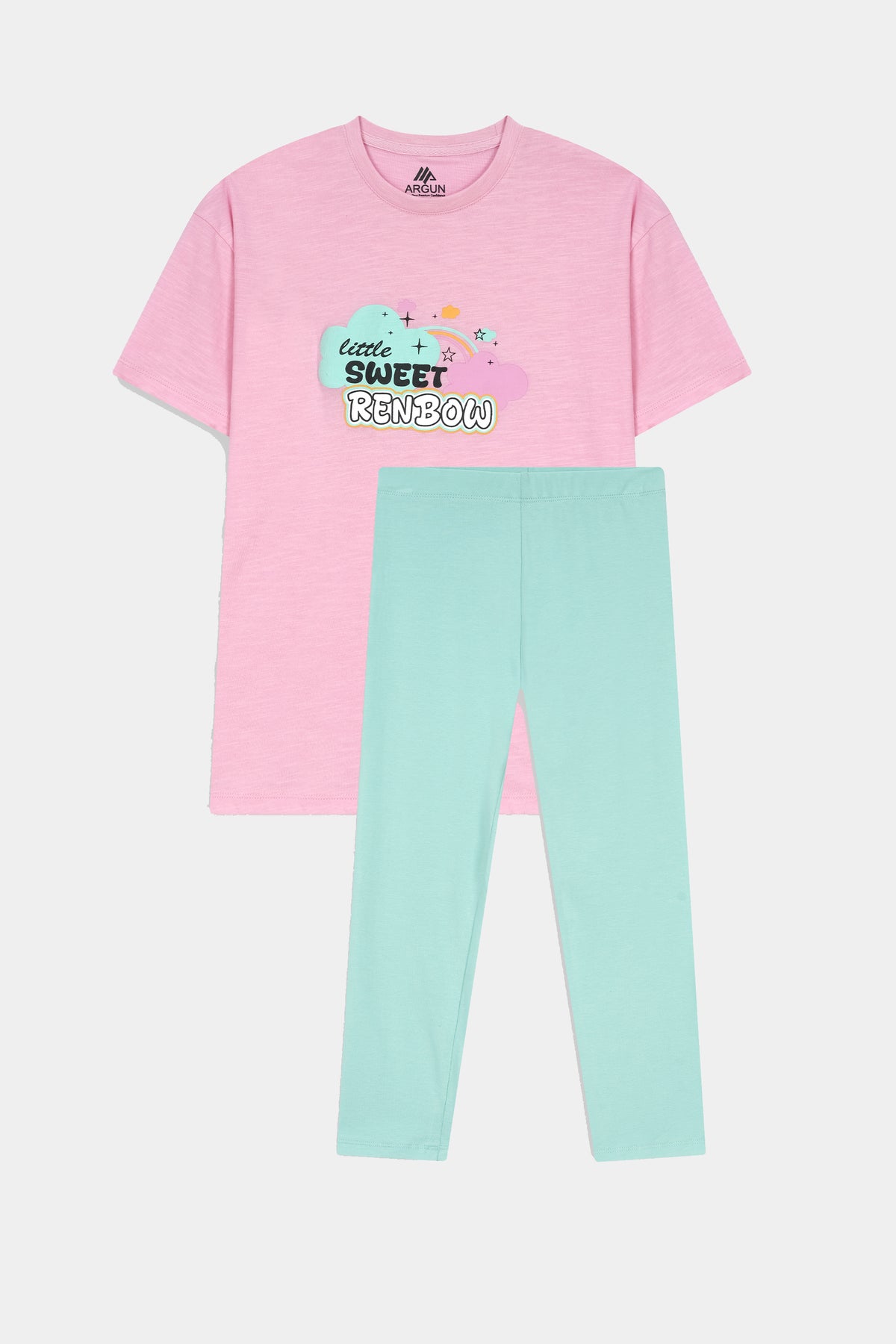 Girls "Sweet  Rainbow" Crew Tee – Candy Pink With  Sea Green Tights